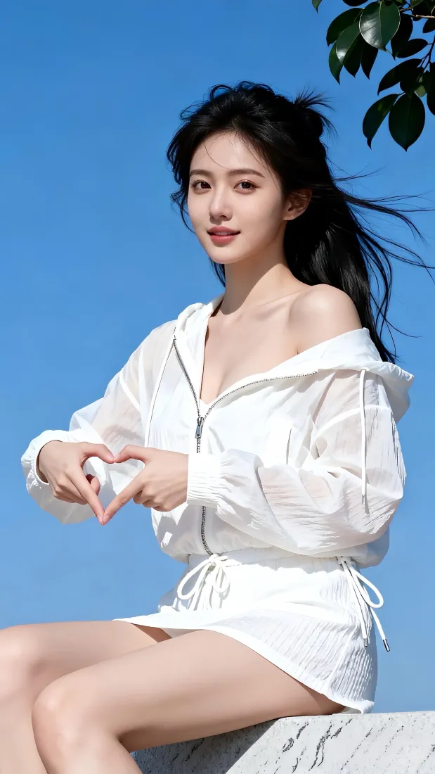 清纯美女手机壁纸｜蓝天户外背景图片 - 白色露肩穿搭比心「哲风壁纸」
