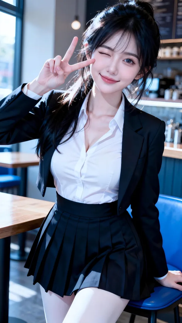 高马尾美女手机壁纸｜职业装咖啡馆背景图片 - 清甜穿搭人像「哲风壁纸」