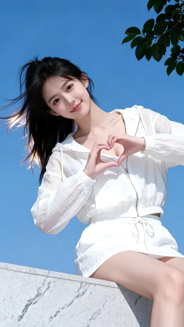 高颜值少女手机壁纸｜蓝天户外背景图片 - 甜美比心拍照「哲风壁纸」