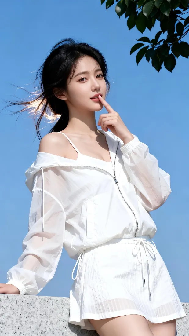 美女手机壁纸｜蓝天户外背景图片 - 白色清爽穿搭「哲风壁纸」