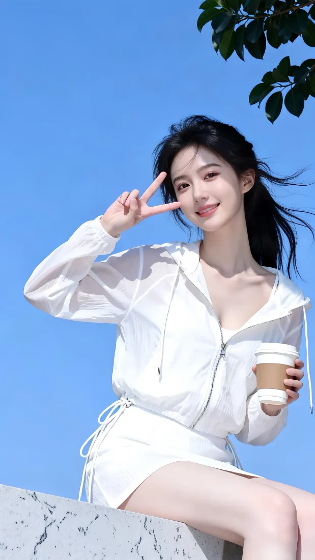 甜美少女手机壁纸｜蓝天户外背景图片 - 手举咖啡比耶拍照「哲风壁纸」