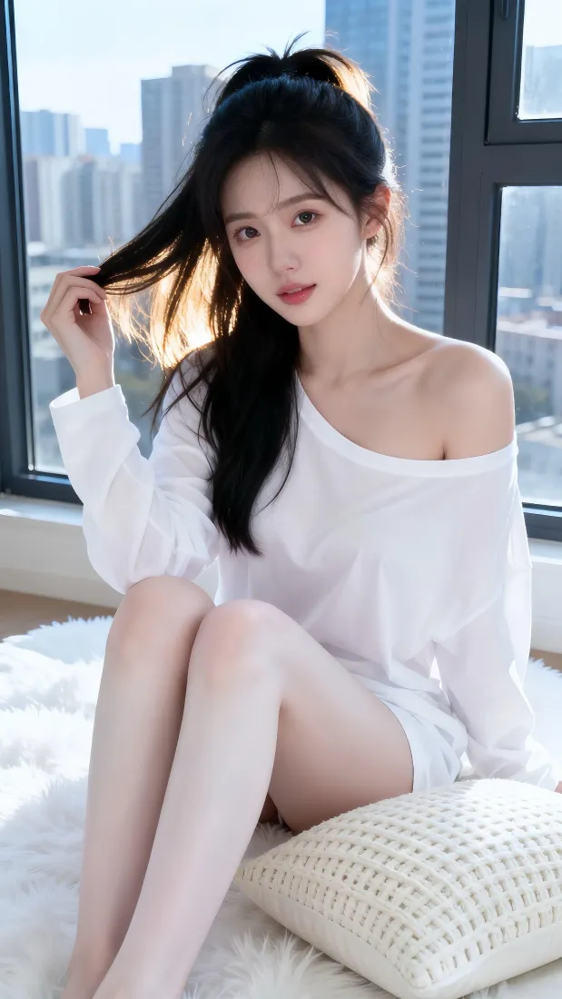 高马尾美女手机壁纸｜窗边居家背景图片 - 清纯人像写真「哲风壁纸」