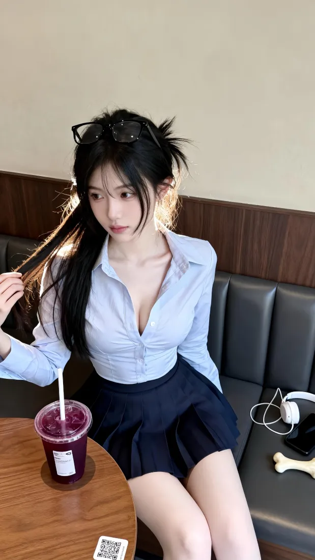 清纯气质美女手机壁纸｜蓝色衬衫穿搭背景图片 - 咖啡馆休闲「哲风壁纸」
