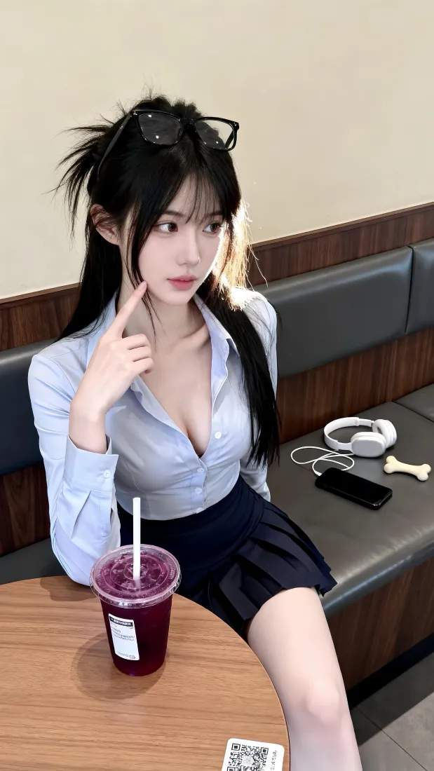 美女手机壁纸｜咖啡店休闲背景图片 - 蓝衬衫百褶裙「哲风壁纸」