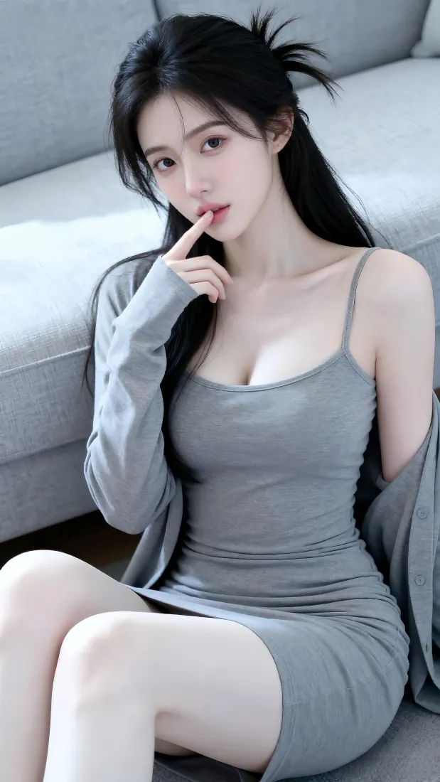 纯欲美女手机壁纸｜居家沙发背景图片 - 灰色吊带穿搭「哲风壁纸」