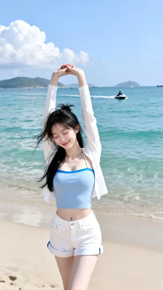 甜美少女手机壁纸｜海边沙滩蓝天背景图片 - 清爽夏日穿搭「哲风壁纸」