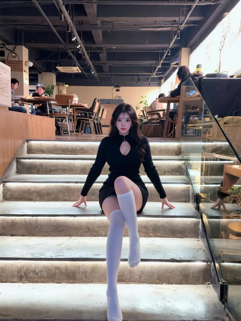 黑裙长腿美女手机壁纸｜咖啡厅室内背景图片 - 氛围感写真「哲风壁纸」