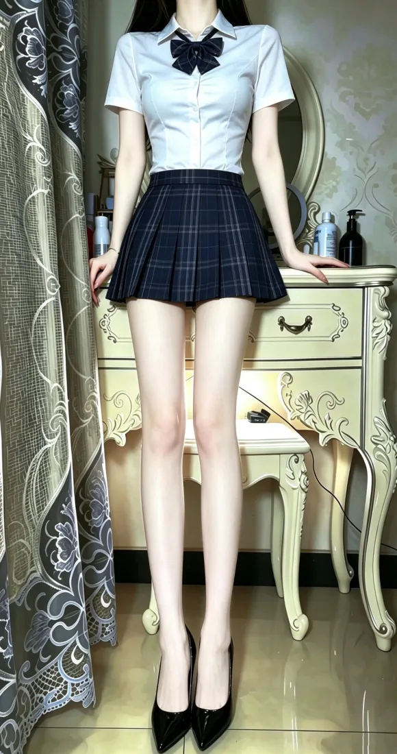 JK制服美女手机壁纸｜室内穿搭背景图片 - 大长腿高跟「哲风壁纸」