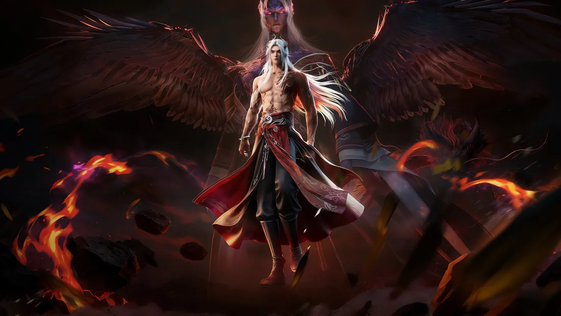 4k仙逆王林壁纸｜玄幻国风背景图片 - 白发赤膊羽翼火焰「哲风壁纸」