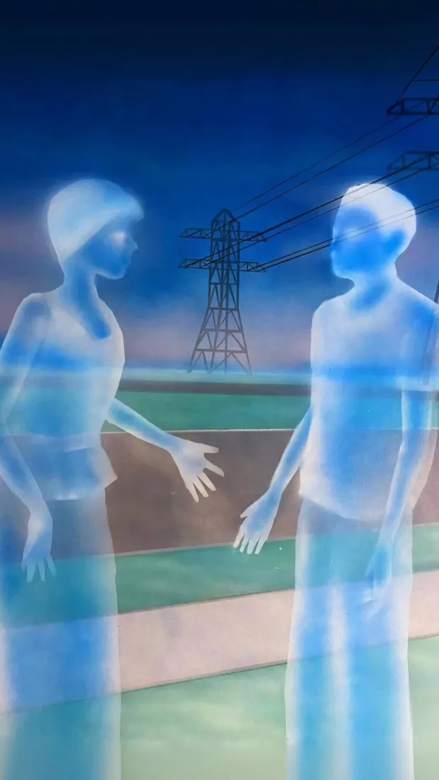 透明人形手机壁纸｜旷野电塔背景图片 - Y2K怪诞美学艺术插画「哲风壁纸」