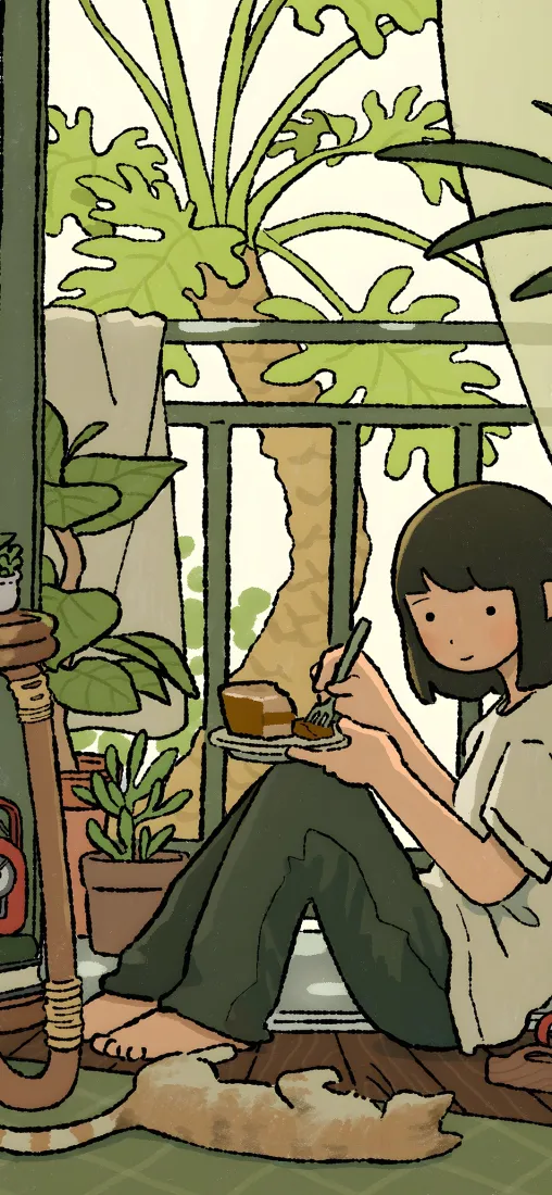 漫画短发女孩手机壁纸｜阳台绿植背景图片 - 惬意休闲下午茶「哲风壁纸」