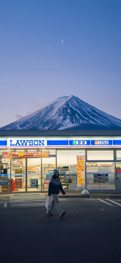 富士山手机壁纸｜罗森商店背景图片 - 日系城市街景「哲风壁纸」