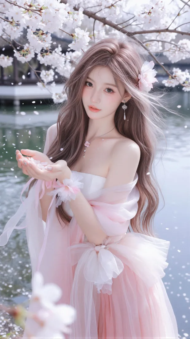 粉色长裙二次元少女手机壁纸｜樱花湖边背景图片 - 清新氛围感「哲风壁纸」