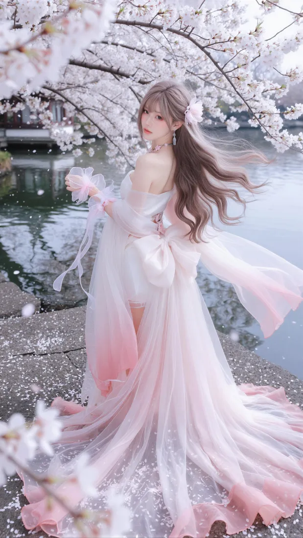 樱花少女手机壁纸｜湖边春日樱花背景图片 - 粉裙长发少女「哲风壁纸」