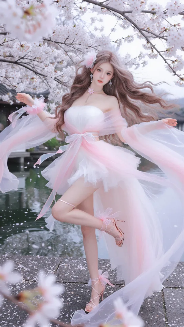 樱花少女手机壁纸｜樱花树下背景图片 - 仙气白裙美女「哲风壁纸」