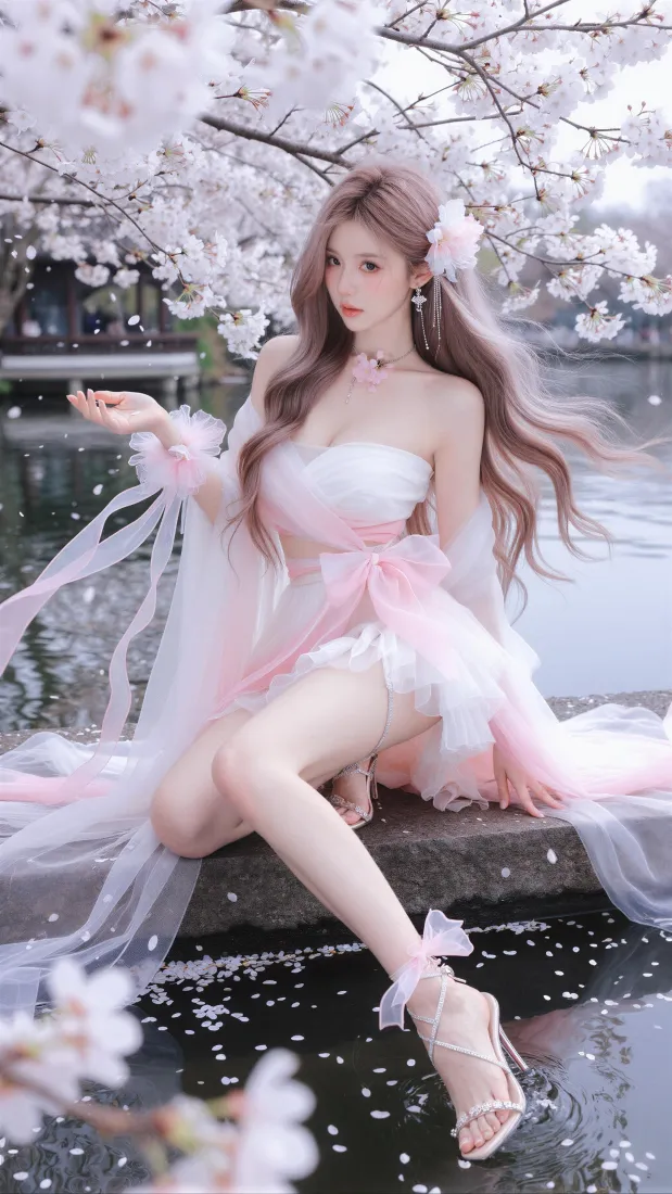 樱花少女手机壁纸｜湖边粉裙背景图片 - 清新氛围感人像「哲风壁纸」