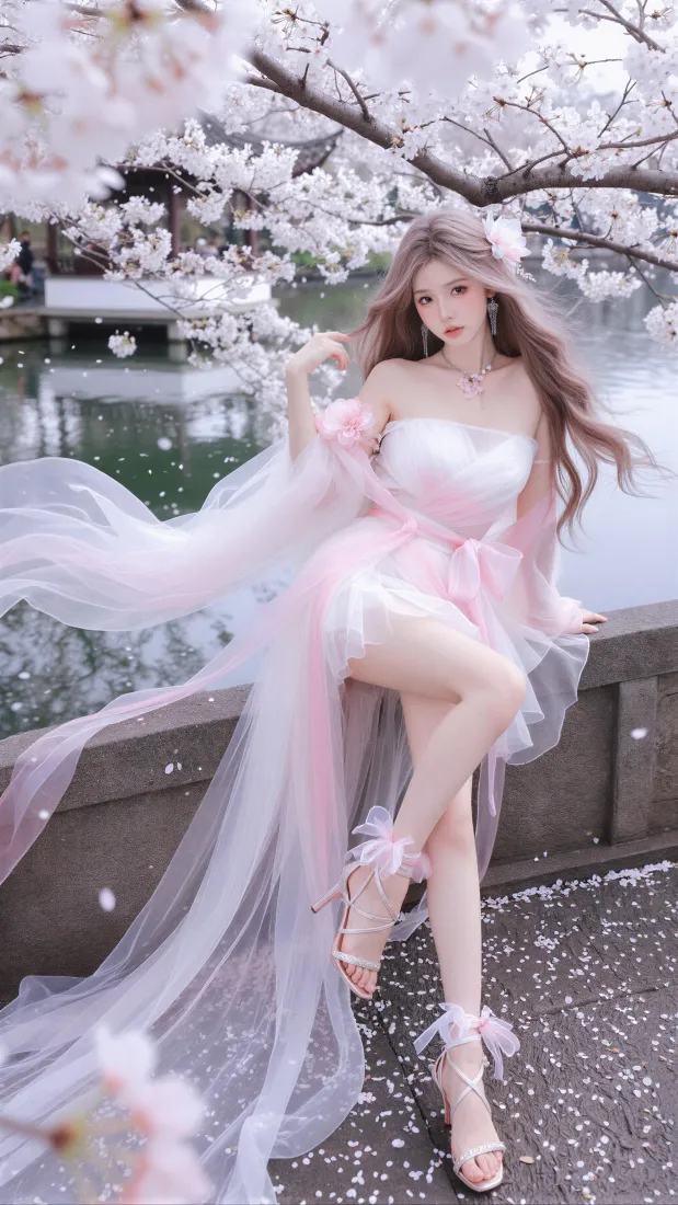 樱花少女手机壁纸｜粉色纱裙背景图片 - 湖边春日氛围感「哲风壁纸」