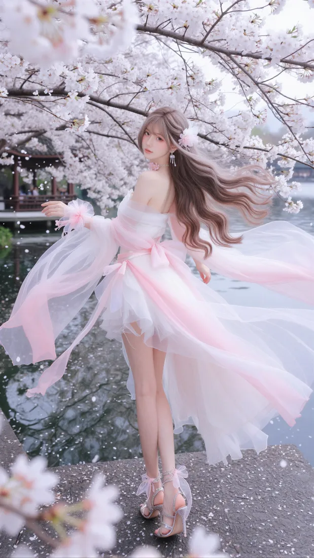 樱花少女手机壁纸｜粉纱长裙春日户外背景图片 - 氛围感写真「哲风壁纸」