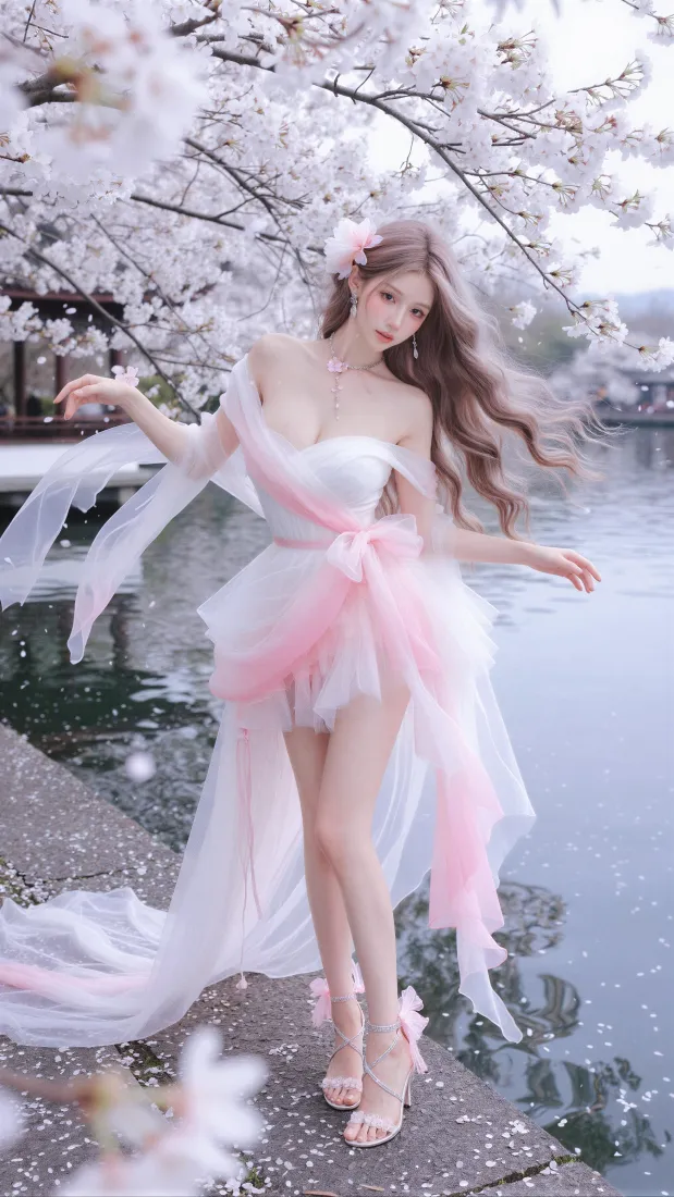 樱花少女手机壁纸｜粉白纱裙湖边背景图片 - 春日清新写真「哲风壁纸」