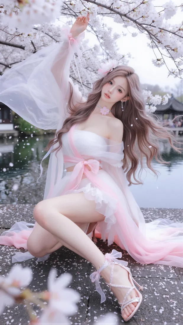 二次元少女手机壁纸｜樱花湖畔背景图片 - 仙气氛围感写真「哲风壁纸」