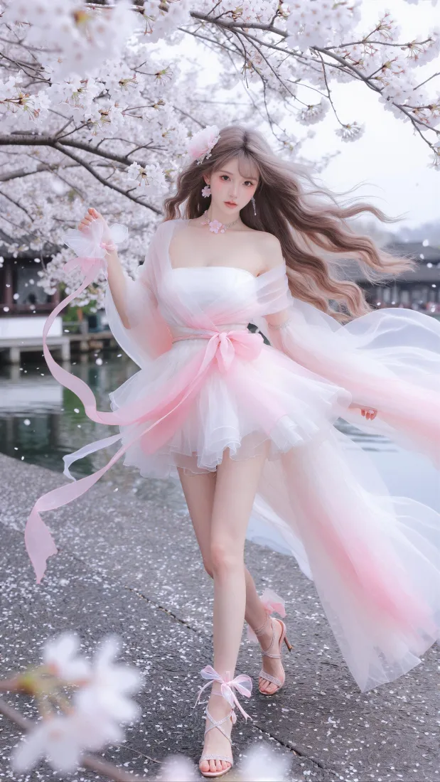 樱花少女手机壁纸｜春日樱花背景图片 - 仙气纱裙人像「哲风壁纸」