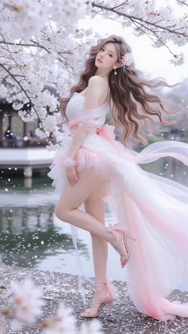 樱花少女手机壁纸｜春日湖边背景图片 - 粉色礼服氛围感人像「哲风壁纸」