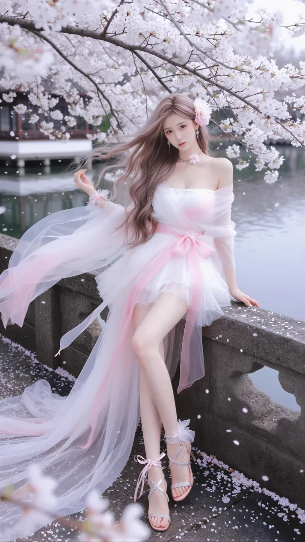 樱花少女手机壁纸｜樱花湖边石桥背景图片 - 仙气纱裙美女「哲风壁纸」