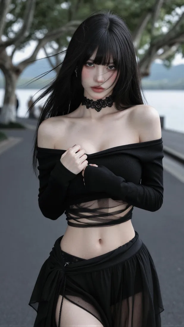 暗黑系冷白皮美女手机壁纸｜湖边公路背景图片 - 氛围感写真「哲风壁纸」