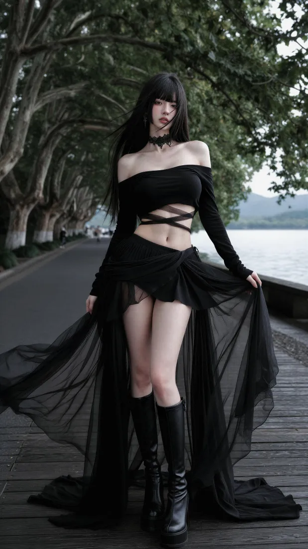 暗黑系美女手机壁纸｜湖边林荫道背景图片 - 氛围感人像「哲风壁纸」