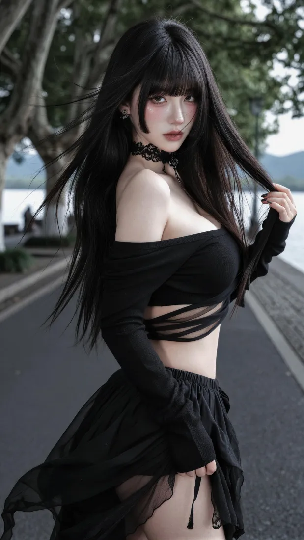 暗黑风辣妹手机壁纸｜湖边户外道路背景图片 - 性感穿搭写真「哲风壁纸」