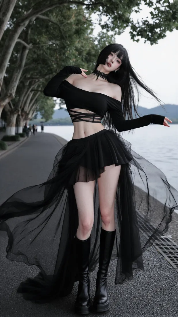 暗黑穿搭美女手机壁纸｜湖边林荫道背景图片 - 气质氛围感人像「哲风壁纸」