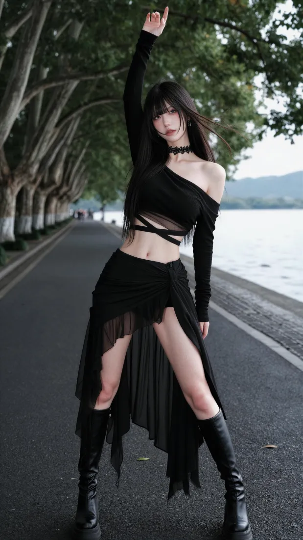 黑衣辣妹手机壁纸｜湖边林荫道背景图片 - 甜酷时尚人像「哲风壁纸」