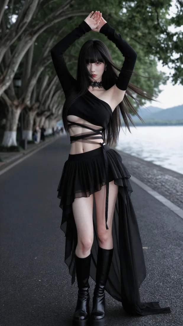 暗黑系美女手机壁纸｜江边林荫公路背景图片 - 氛围感写真「哲风壁纸」