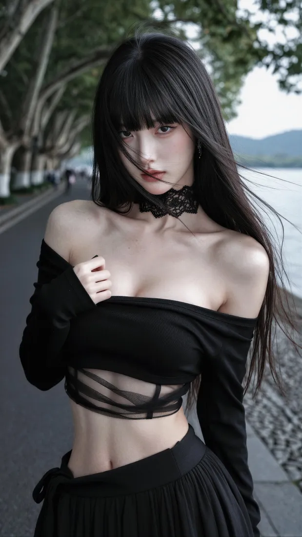 暗黑风黑长直美女手机壁纸｜湖边林荫道背景图片 - 甜酷穿搭「哲风壁纸」