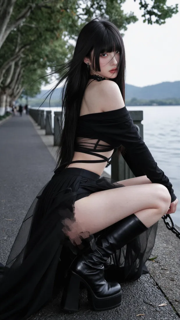 黑长直美女手机壁纸｜湖滨步道背景图片 - 暗黑风穿搭「哲风壁纸」