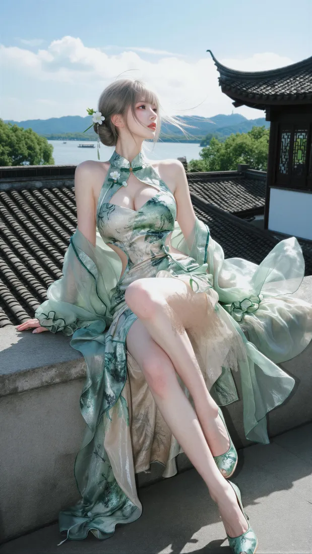 青色旗袍美女手机壁纸｜江南古风庭院背景图片 - 户外湖景「哲风壁纸」
