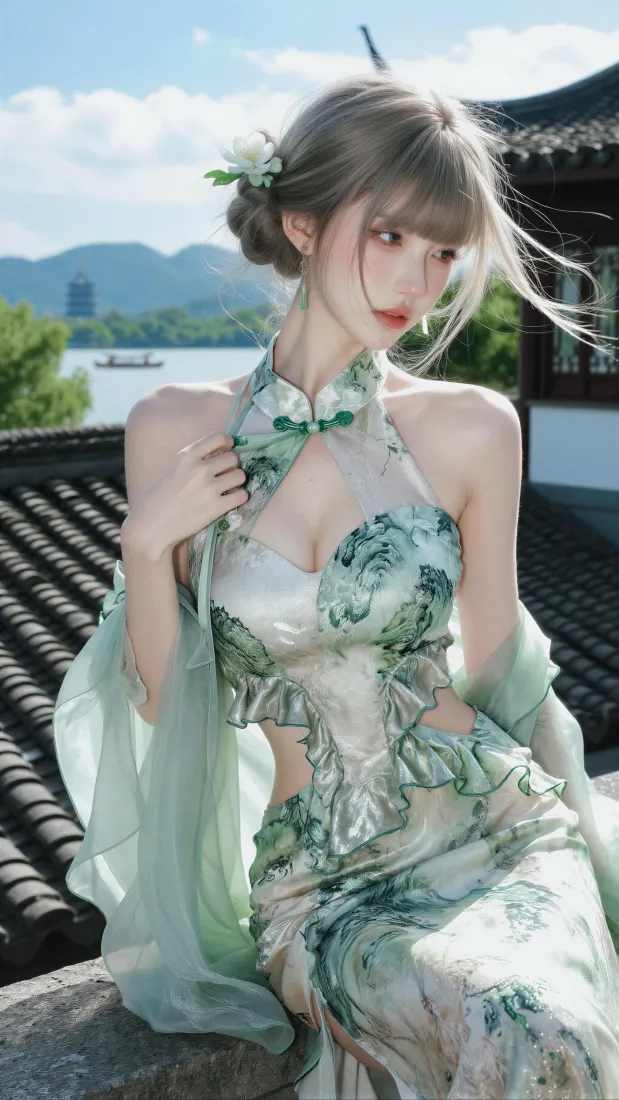 青绿旗袍美女手机壁纸｜江南古建湖景背景图片 - 国风写真「哲风壁纸」