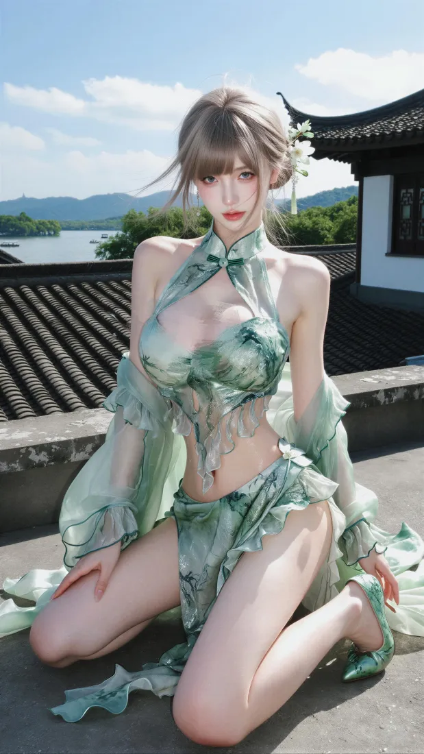 绿色古风美女手机壁纸｜湖畔中式古建屋顶背景图片 - 清冷优雅「哲风壁纸」