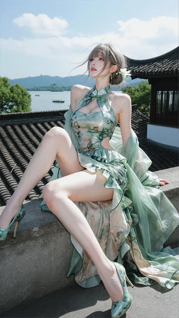 国风旗袍美女手机壁纸｜江南湖边古建背景图片 - 清新人像「哲风壁纸」