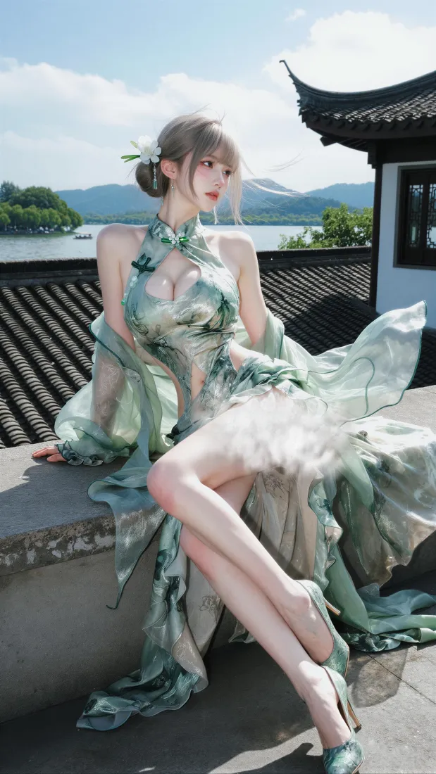 绿裙国风美女手机壁纸｜中式庭院湖景背景图片 - 氛围感人像「哲风壁纸」
