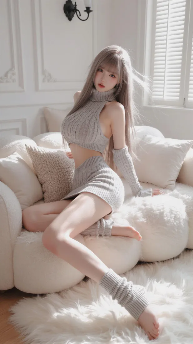 银发美女手机壁纸｜白色沙发背景图片 - 氛围感休闲写真「哲风壁纸」