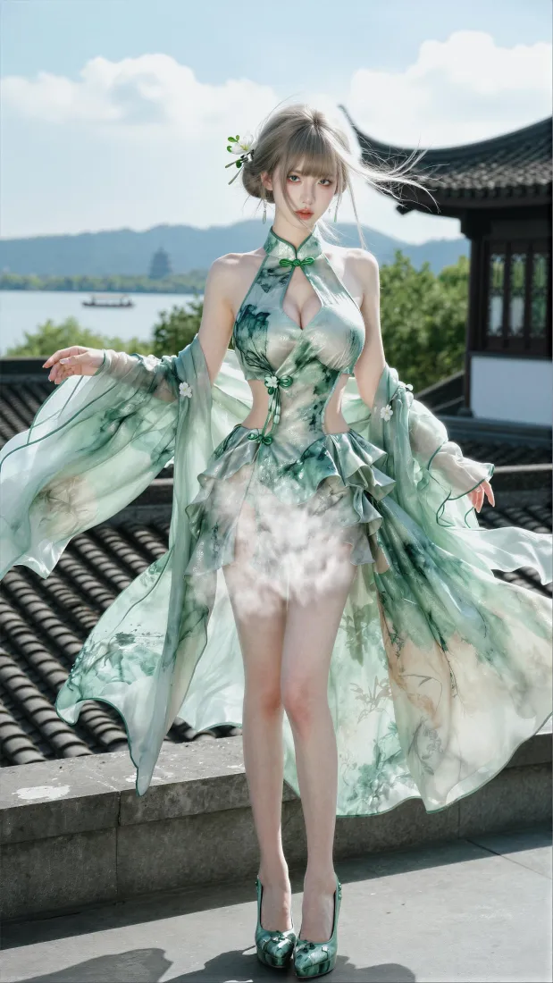 古风旗袍少女手机壁纸｜湖边中式建筑背景图片 - 清新绿色穿搭「哲风壁纸」