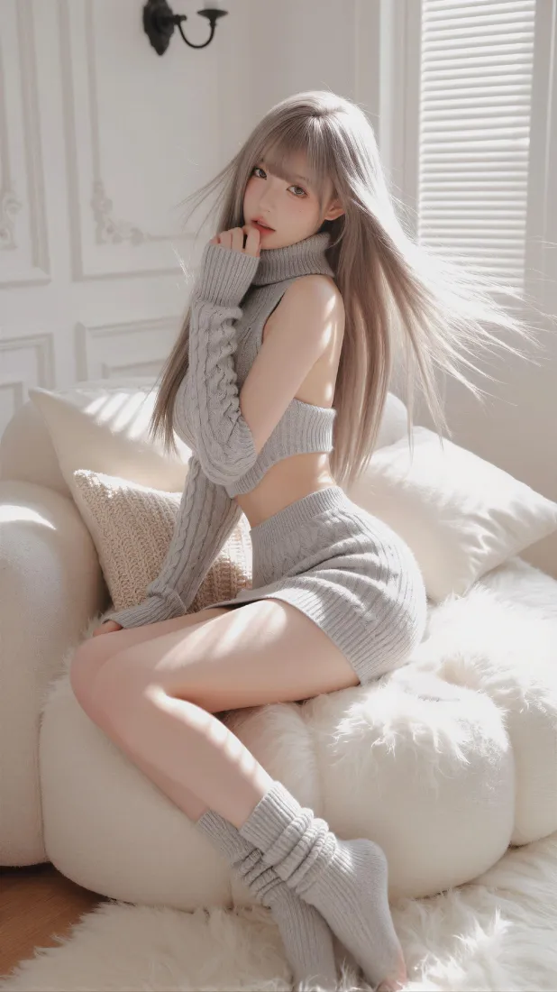 银发美女手机壁纸｜浅白居家背景图片 - 气质性感穿搭「哲风壁纸」