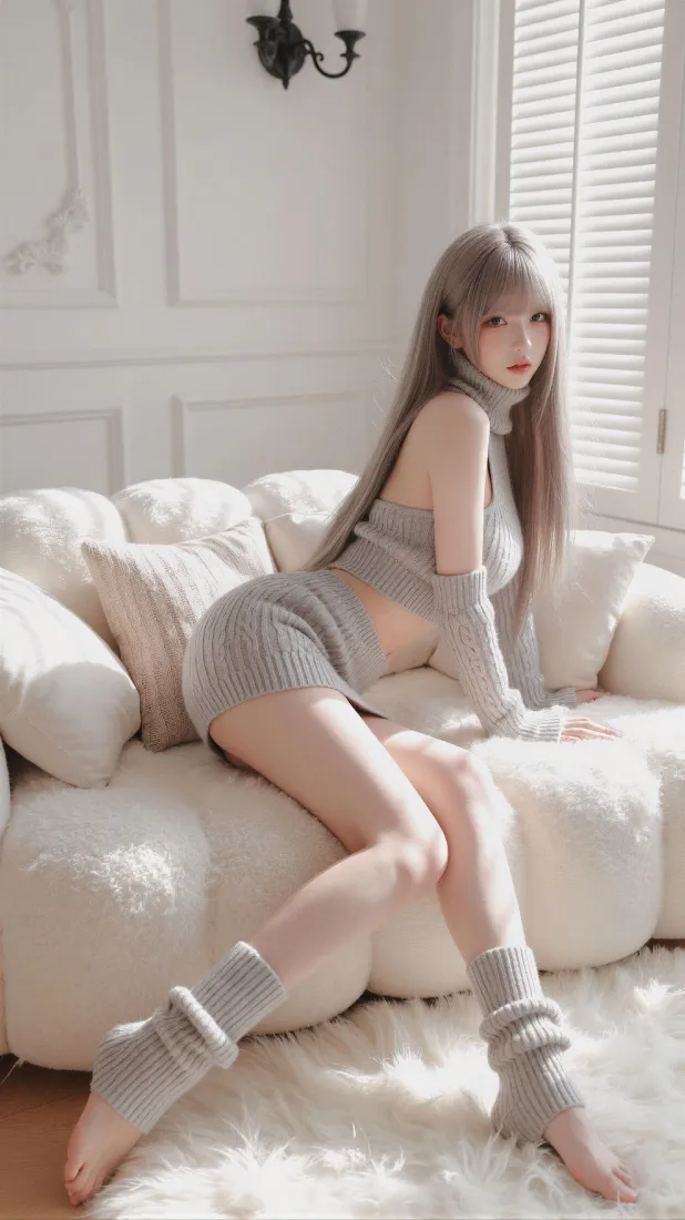 银发美女手机壁纸｜居家沙发背景图片 - 纯欲少女写真「哲风壁纸」