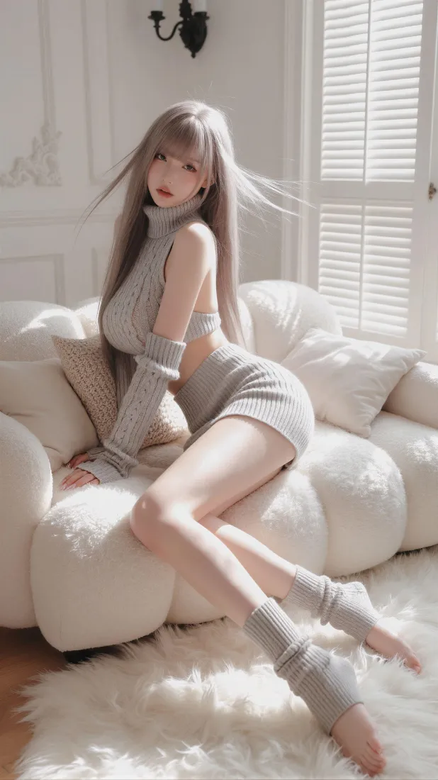 银发少女手机壁纸｜居家沙发背景图片 - 露背毛衣时尚穿搭「哲风壁纸」