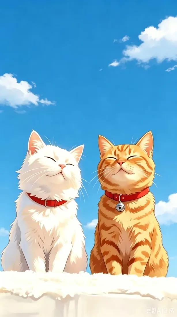 可爱猫咪手机壁纸｜蓝天白云背景图片 - 治愈拟物插画「哲风壁纸」
