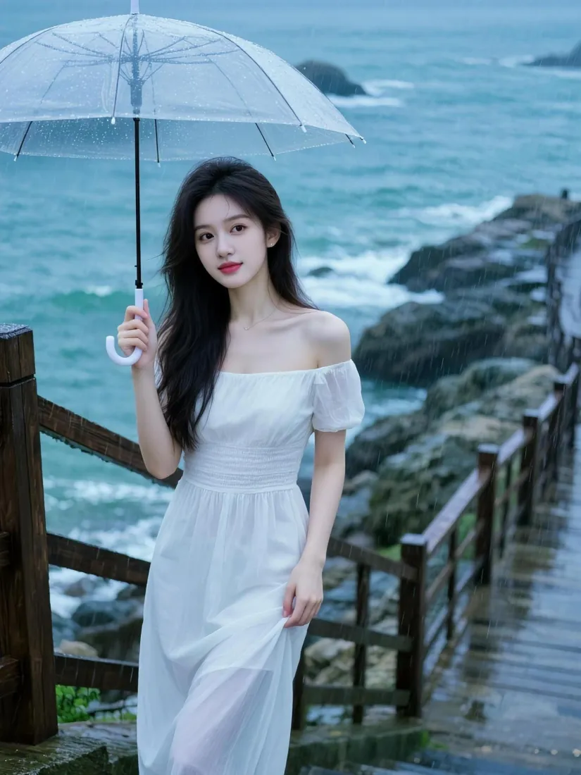 长发白裙美女手机壁纸｜海边礁石栈道背景图片 - 雨天氛围感「哲风壁纸」