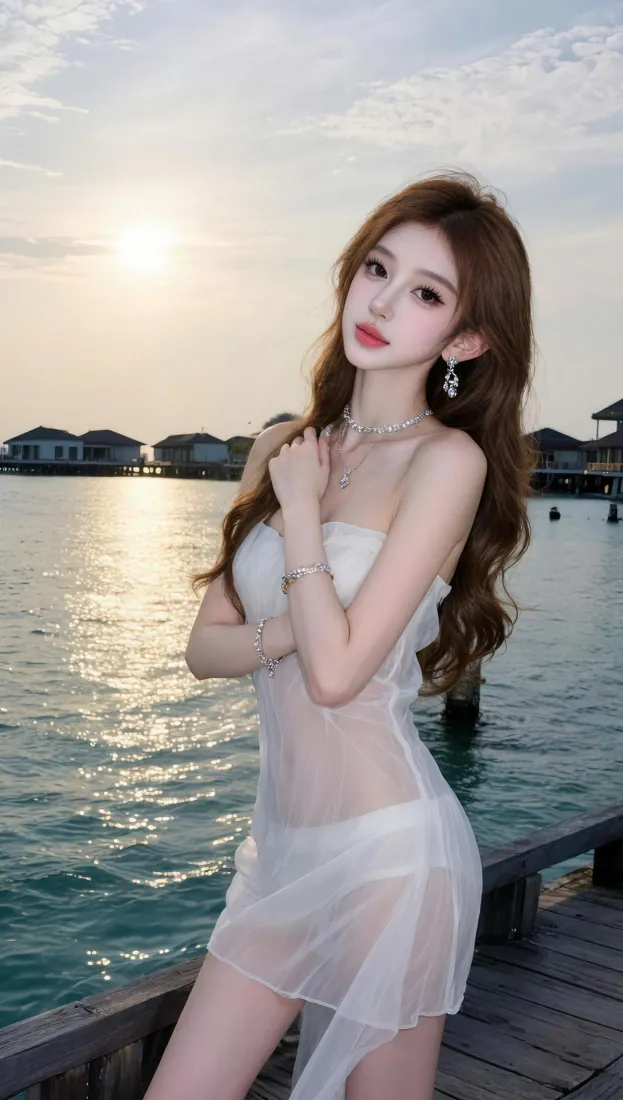 海边卷发美女手机壁纸｜日落海景背景图片 - 气质白裙写真「哲风壁纸」
