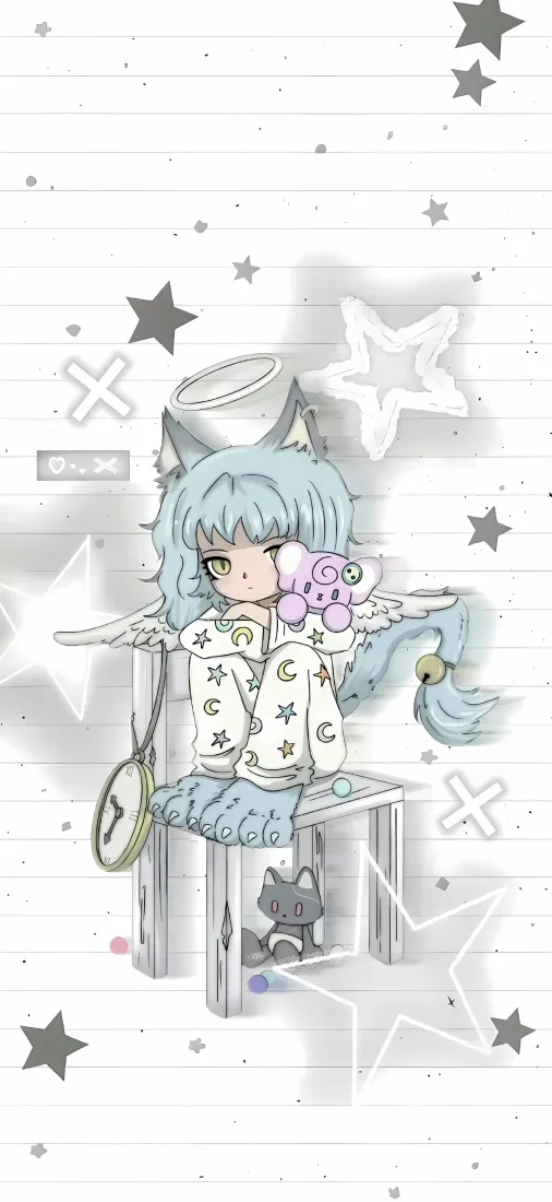 Q版猫耳女孩手机壁纸｜星星简约背景图片 - 可爱二次元插画「哲风壁纸」