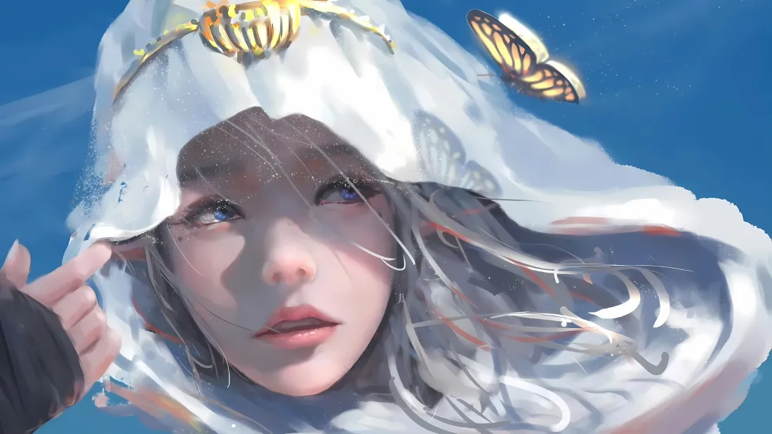 4k海琴烟壁纸｜蓝天蝴蝶背景图片 - 鬼刀二次元插画「哲风壁纸」